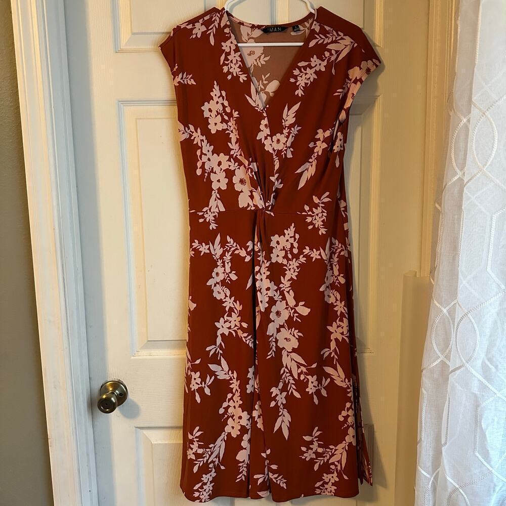 Iman Burnt Orange White Floral Casual Dress Women’s Size Small